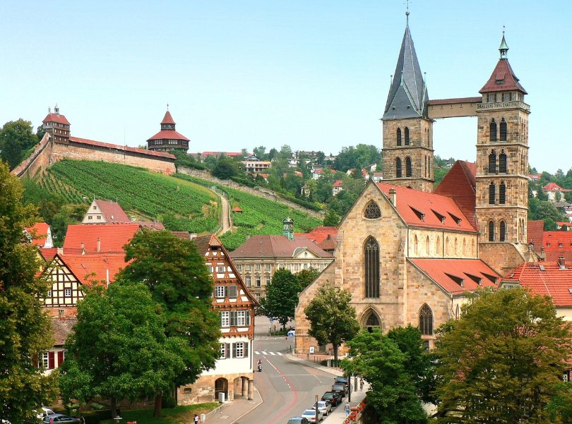 Blick über die Altstadt von Esslingen am Neckar mit Stadtkirche, Weinbergen und Burg
