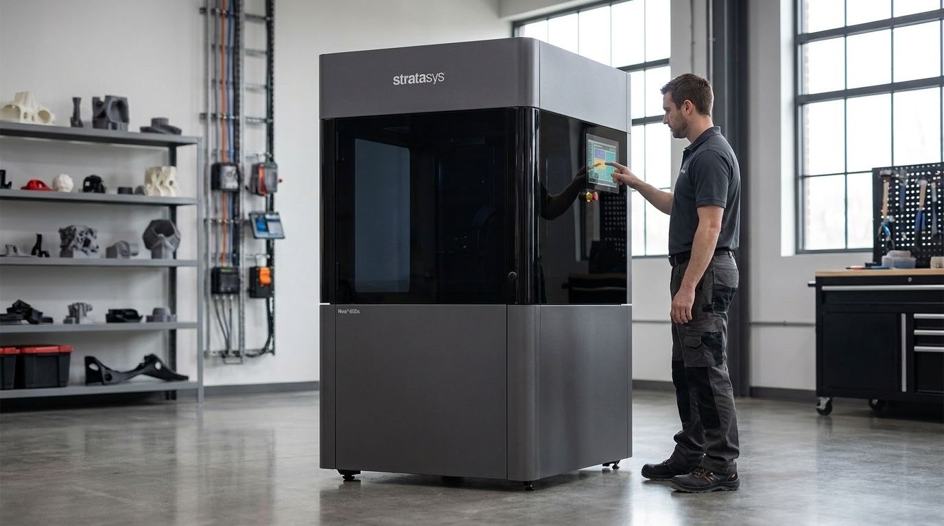 KI-Marketingbild: großer 3D-Drucker in einer Werkstatt mit gedruckten Bauteilen im Regal