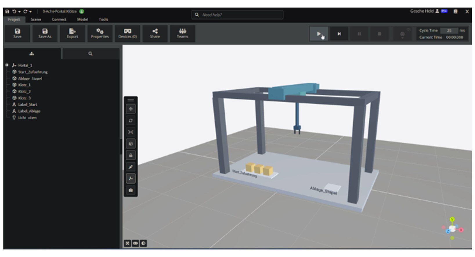 Ergebnis: interaktive 3D-Szene des 3-Achs-Portals in VisuPal
