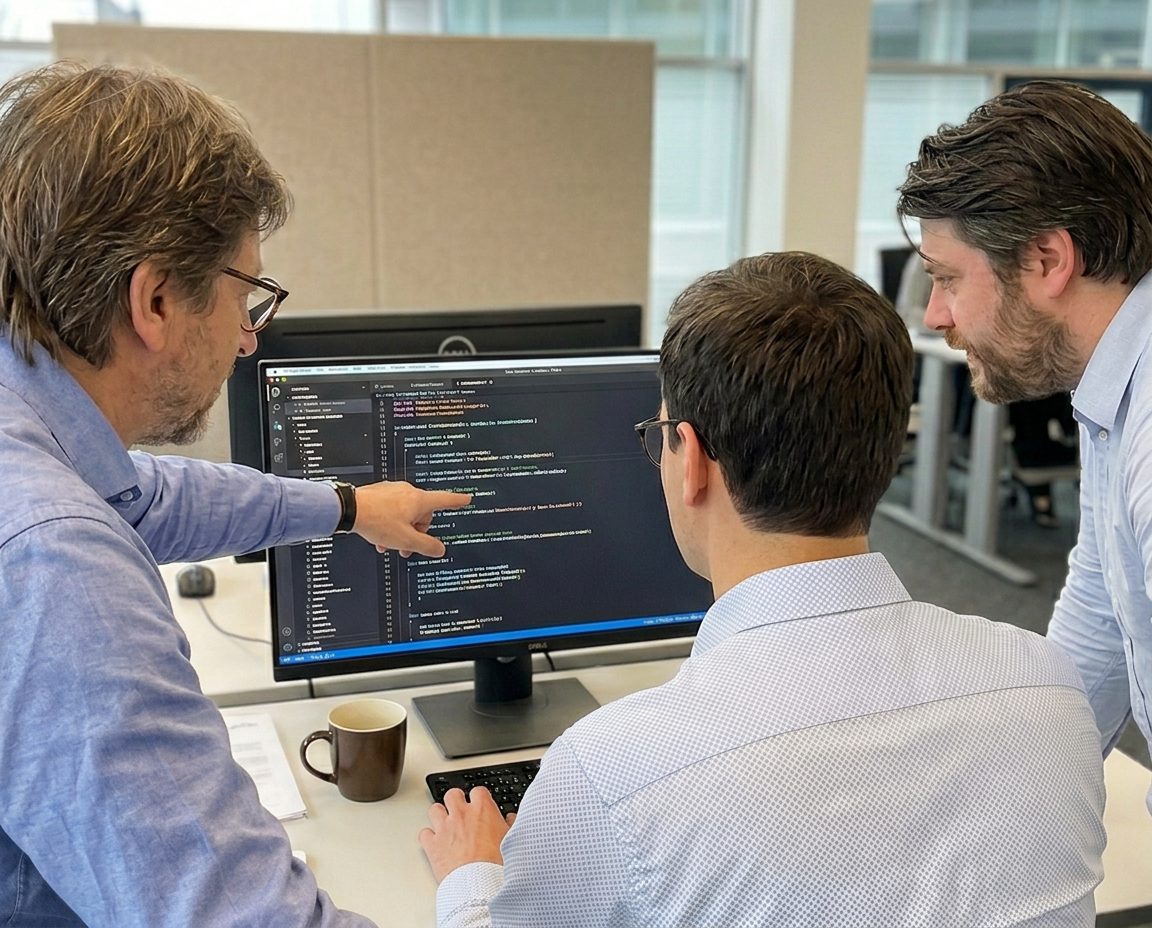 Das Team bespricht Programmcode an einem Bildschirm